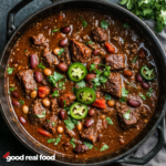 A large dutch oven filled with spicy steak chili.