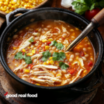 white bean chicken chili in a large pot with corn and cilantro in the background.