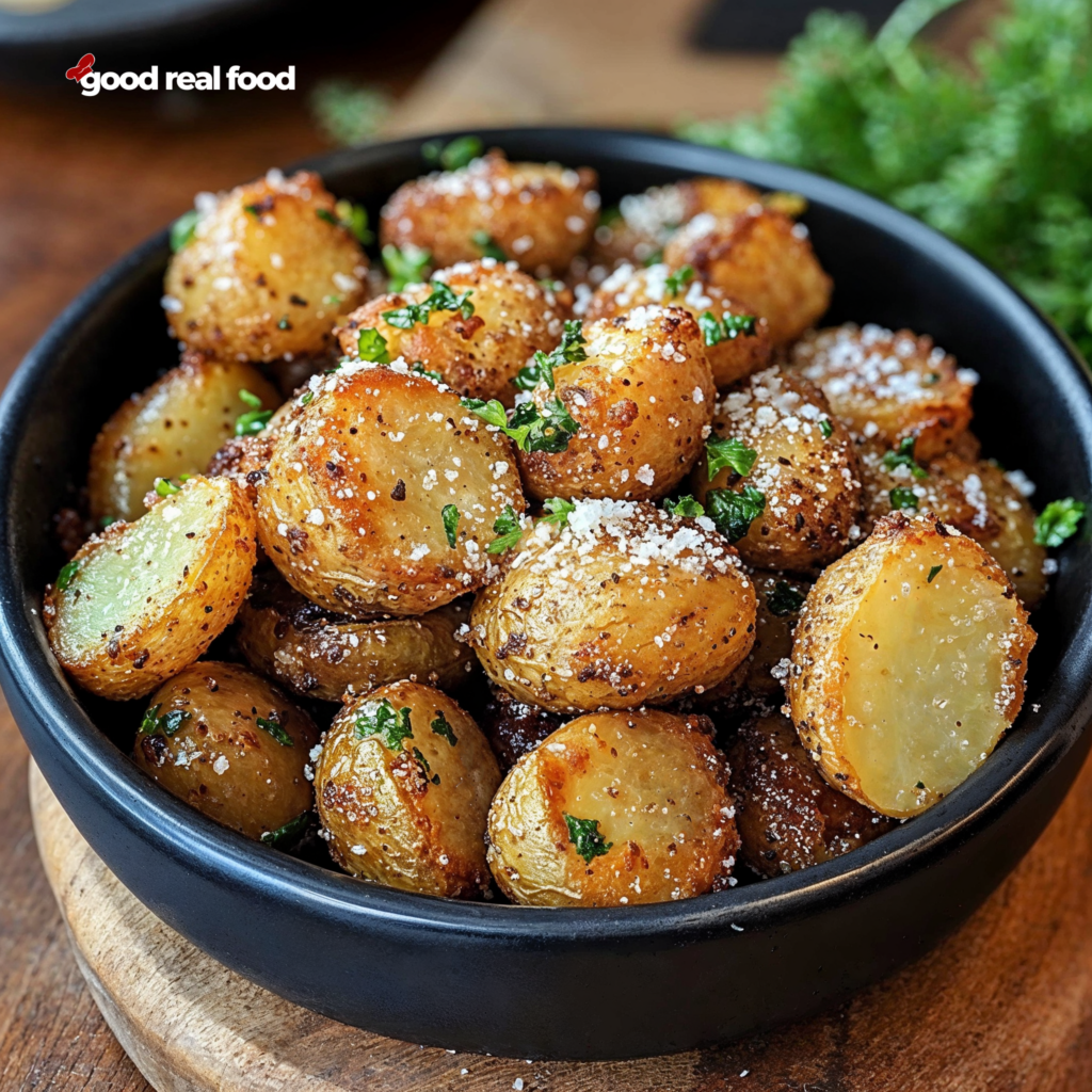 A bowl of garlic parmesan roasted potatoes.