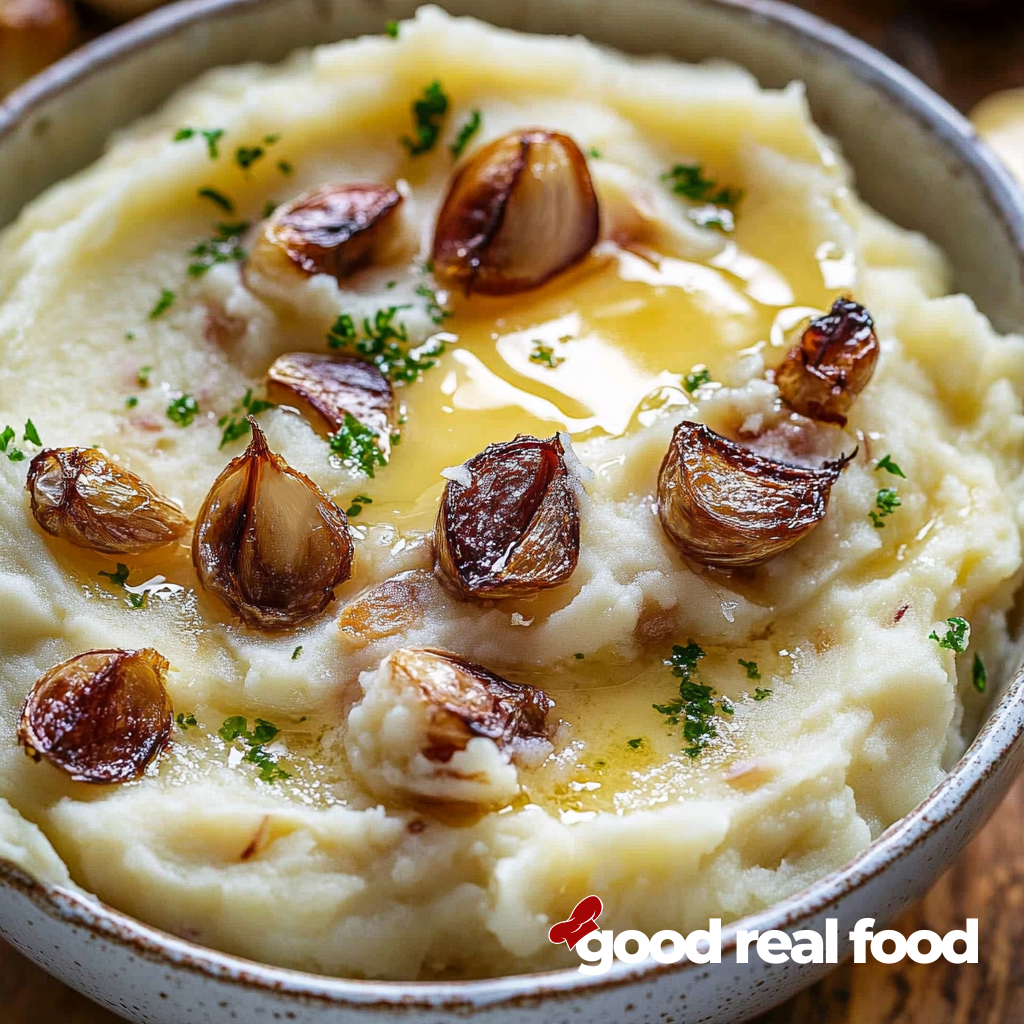 A bowl of roasted garlic mashed potatoes, close up.