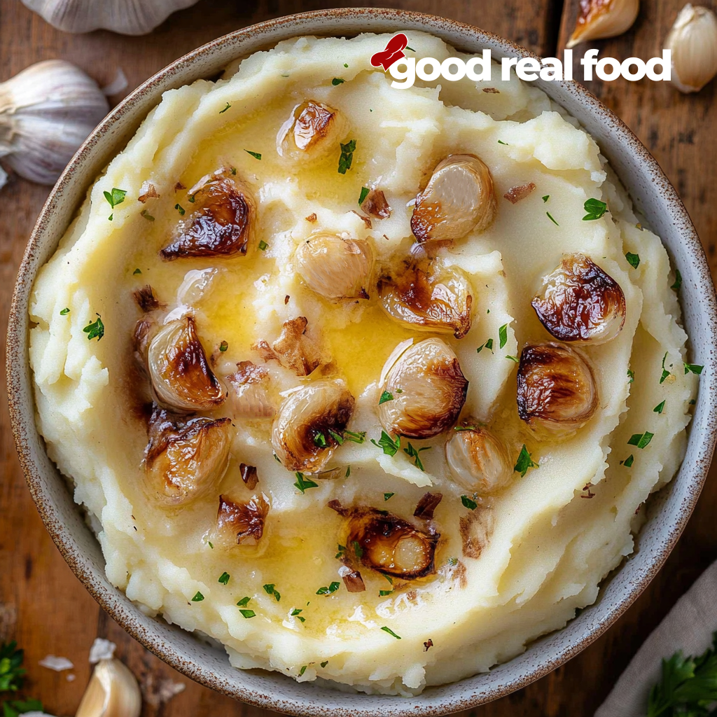 An overhead image of roasted garlic mashed potatoes in a bowl. 