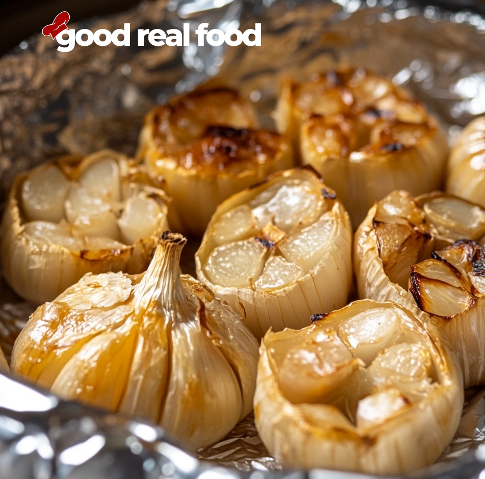 A tinfoil packet filled with bulbs of roasted garlic.