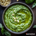 A bowl of pesto with pine nuts.