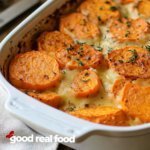 a baking dish filled with scalloped sweet potatoes