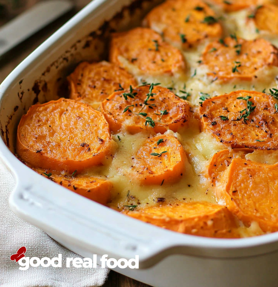 a baking dish filled with scalloped sweet potatoes