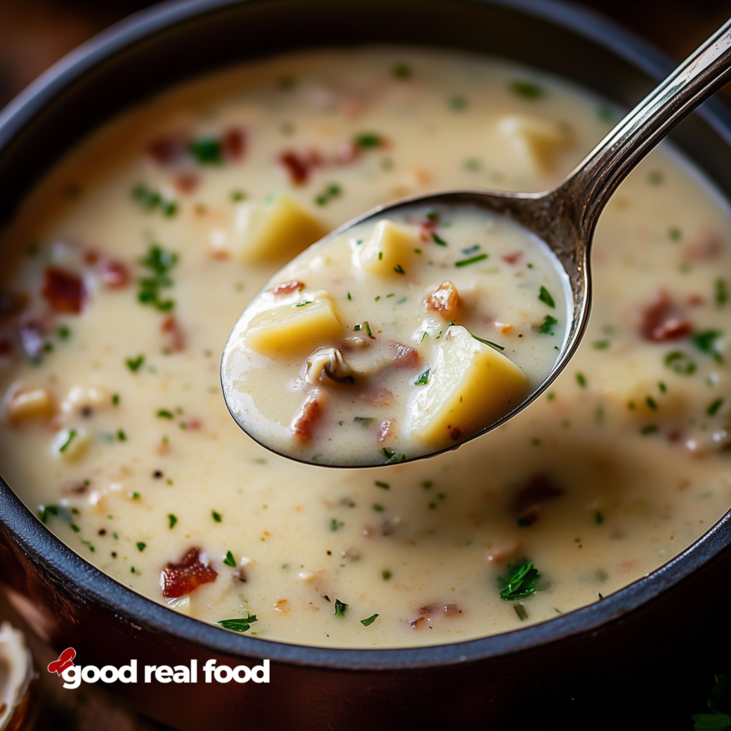 A large pot of New England clam chowder.