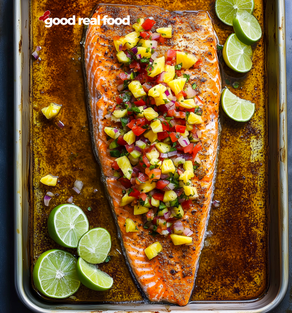 Chili lime salmon on a serving pan with limes.