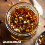 A mason jar of garlic chili oil.