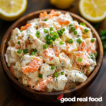 a wooden bowl of spicy crab salad with cut lemons.