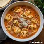 A bowl of sausage tortellini soup.