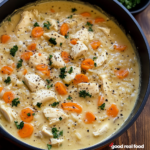 A pot filled with Crack Chicken and Wild Rice Soup.