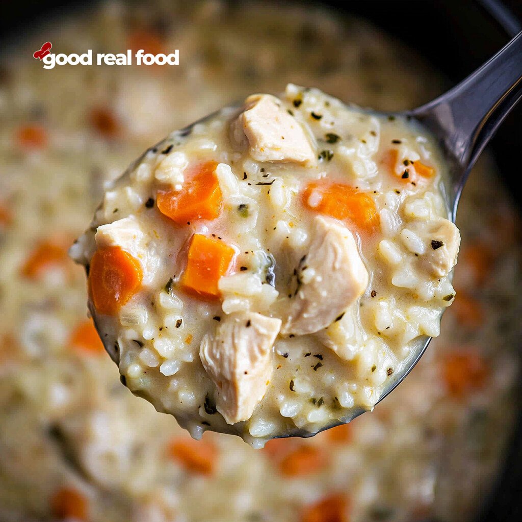 A ladle filled with Crack Chicken and Rice Soup.