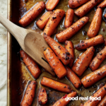 Honey Balsamic Carrots on a sheet pan.