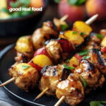 Jalapeno peach chicken skewers on a black plate.