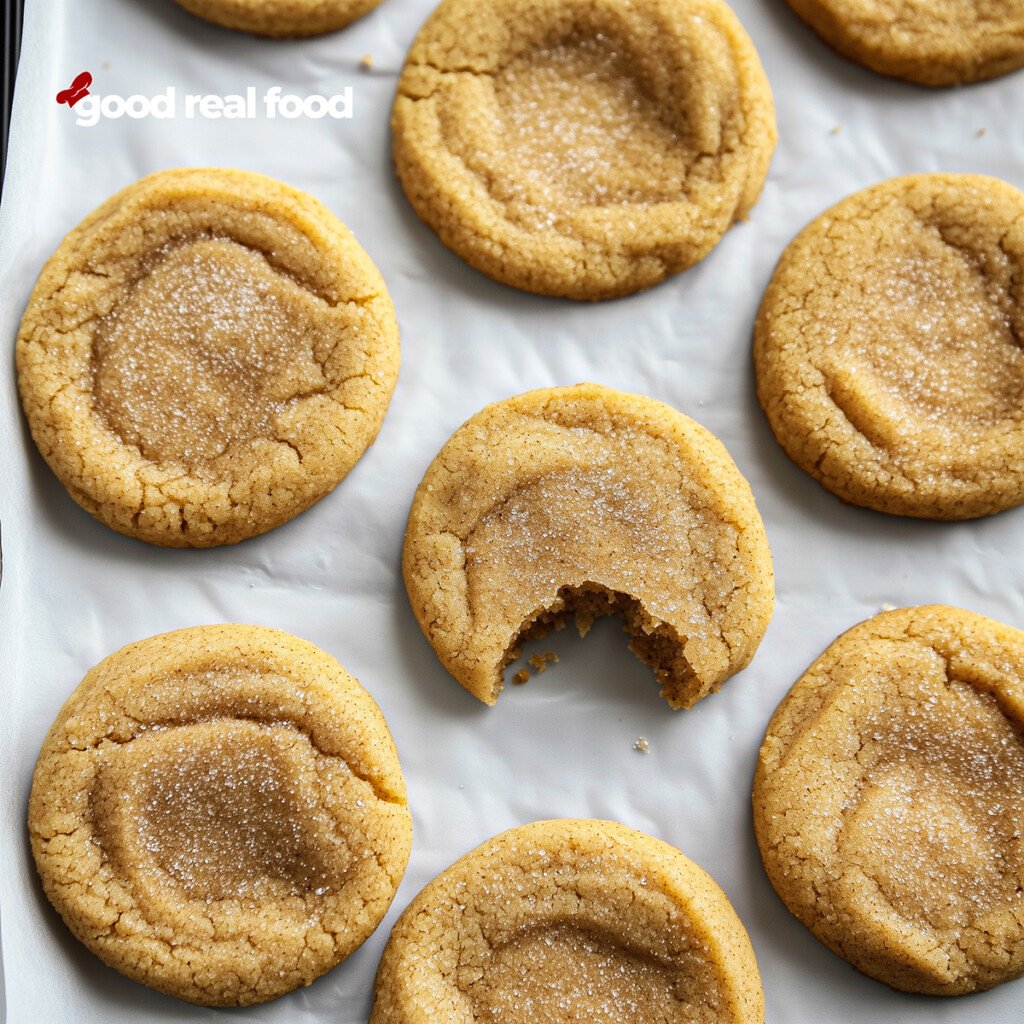 Peanut Butter Snickerdoodle displayed on parchment paper with a bite removed from one cookie.