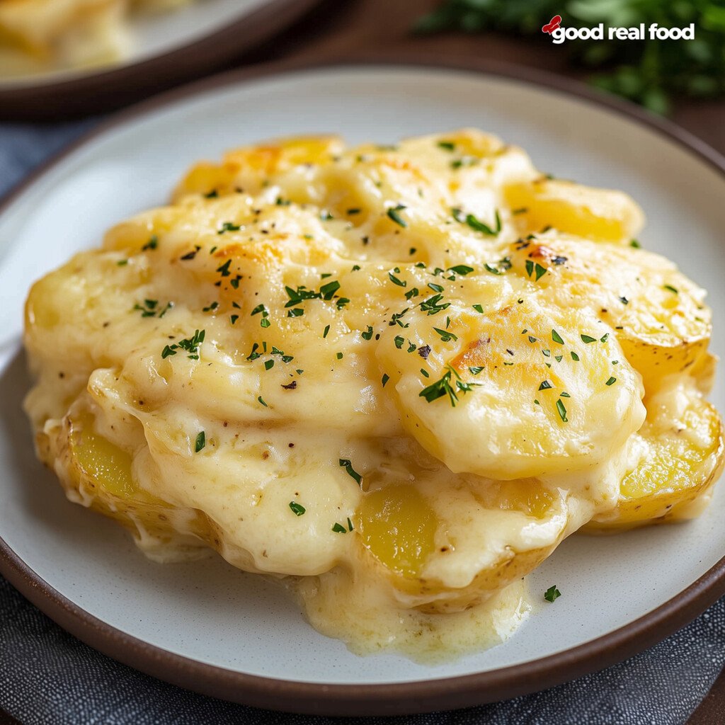 Au Gratin Potatoes on a white plate.