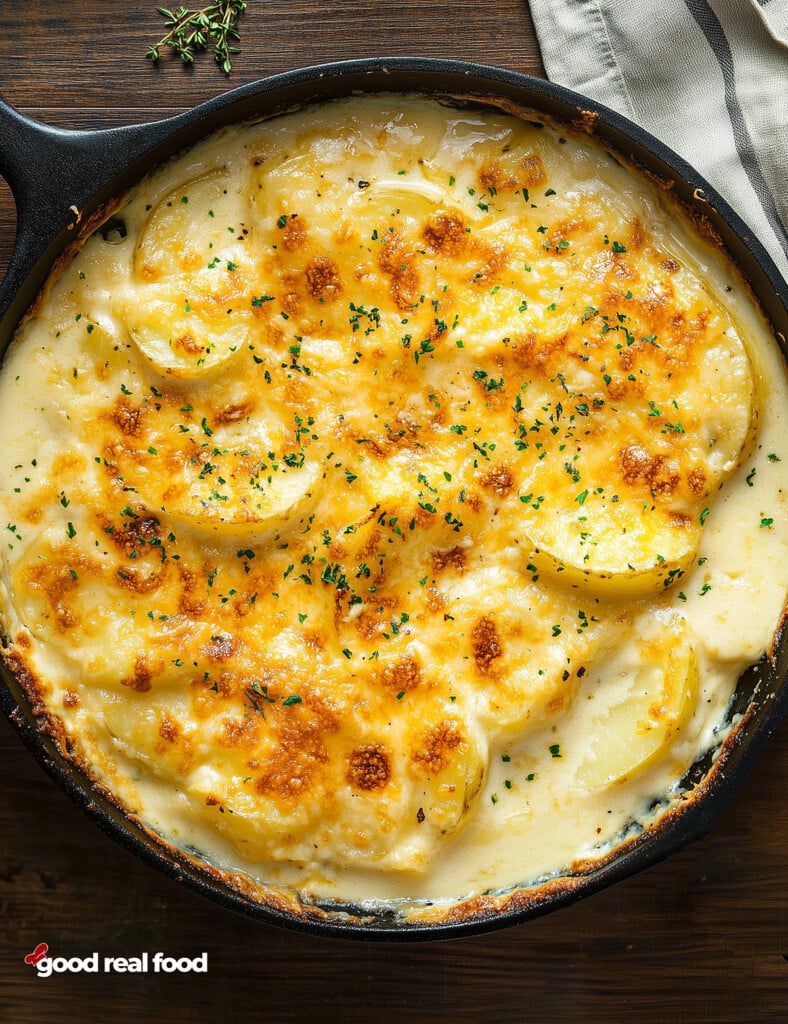 A skillet filled with au gratin potoatoes.