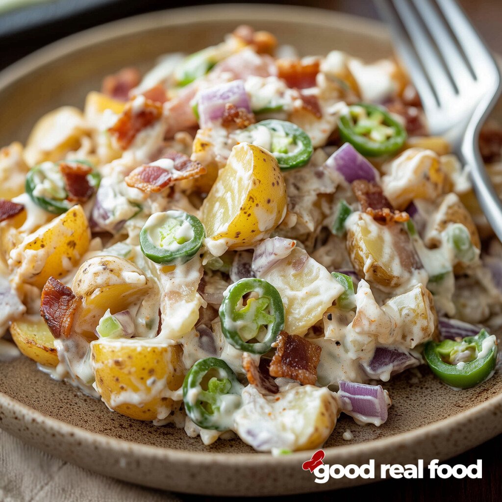 Jalapeno Popper Roasted Potato Salad served on a plate.