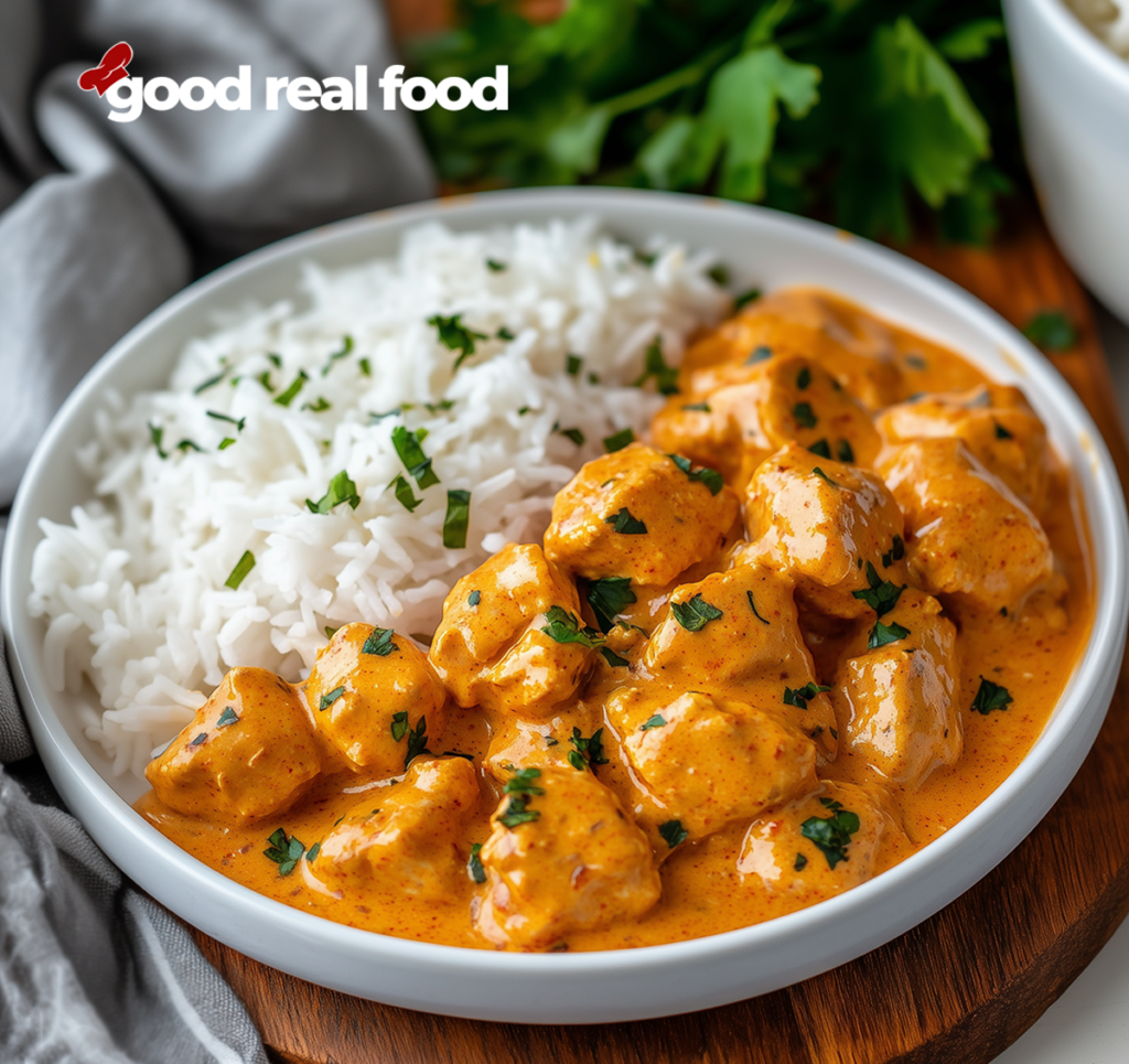 A plate of butter chicken and white rice, with more white rice in a bowl in the background.