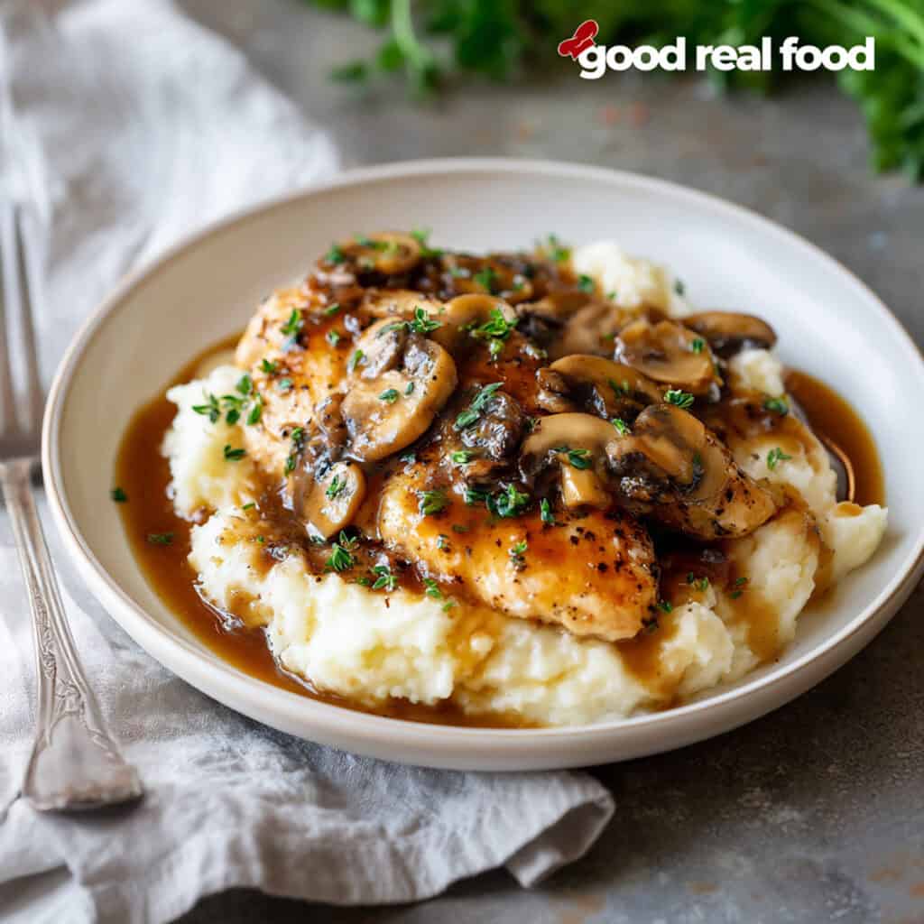 chicken marsala in a white bowl.