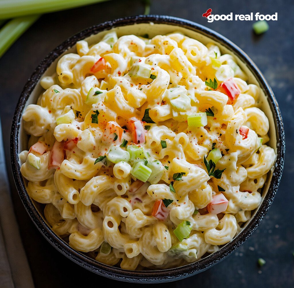 A bowl of macaroni salad.