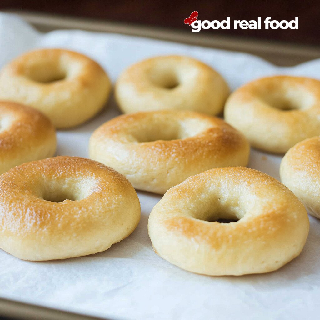 Plain bagels on a baking sheet.