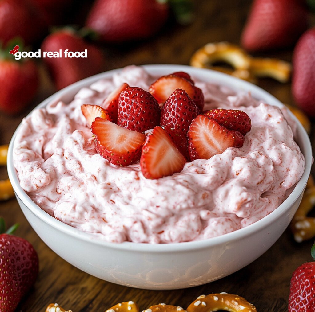 A bowl of strawberry dream dip with strawberries and pretzels served in the background.