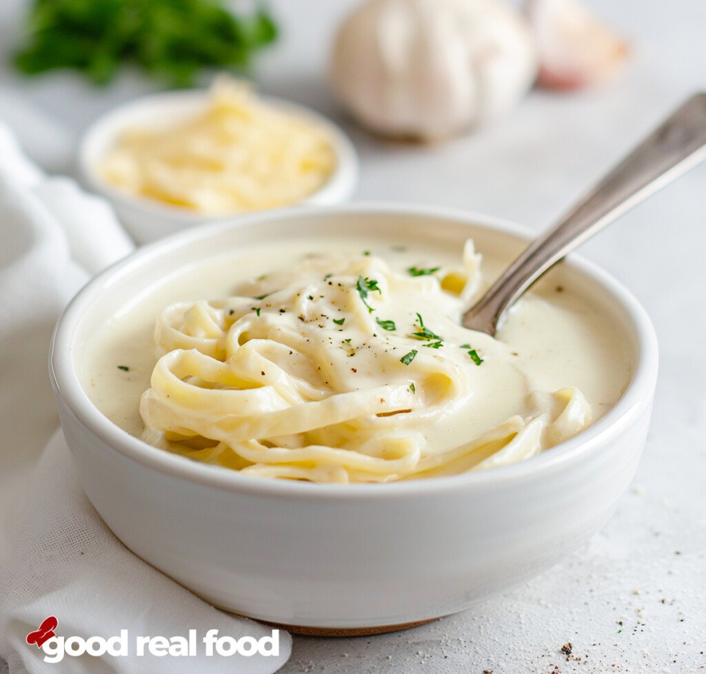 A bowl of fettuccine Alfredo with homemade Alfredo sauce.
