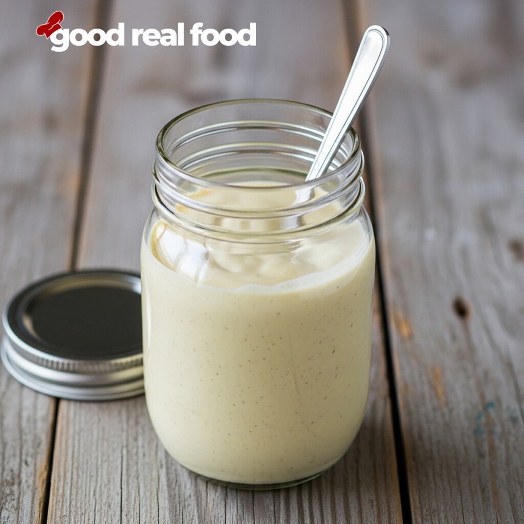 A mason jar filled with Caesar dressing.