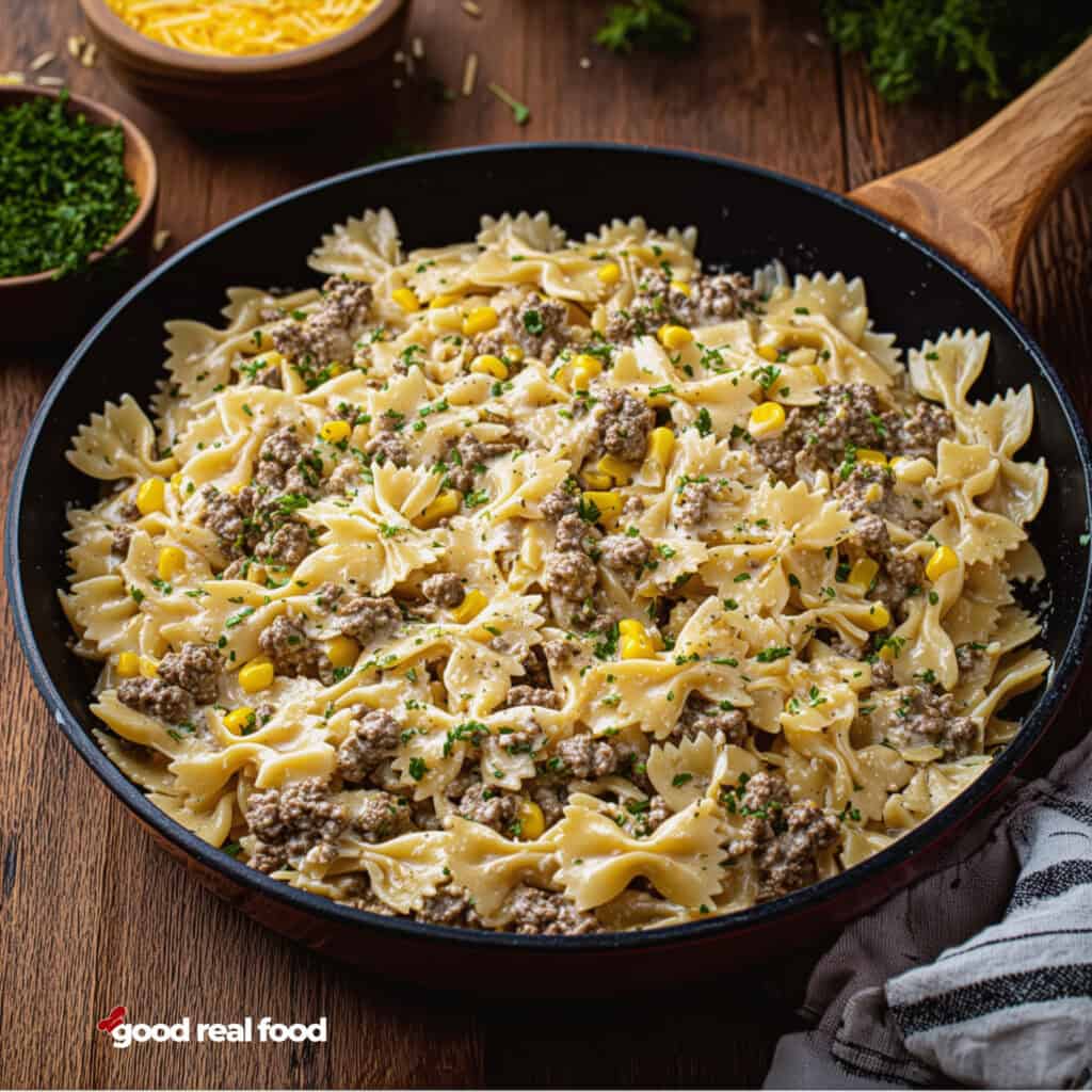Creamy Ranch Beef Pasta in a skillet.