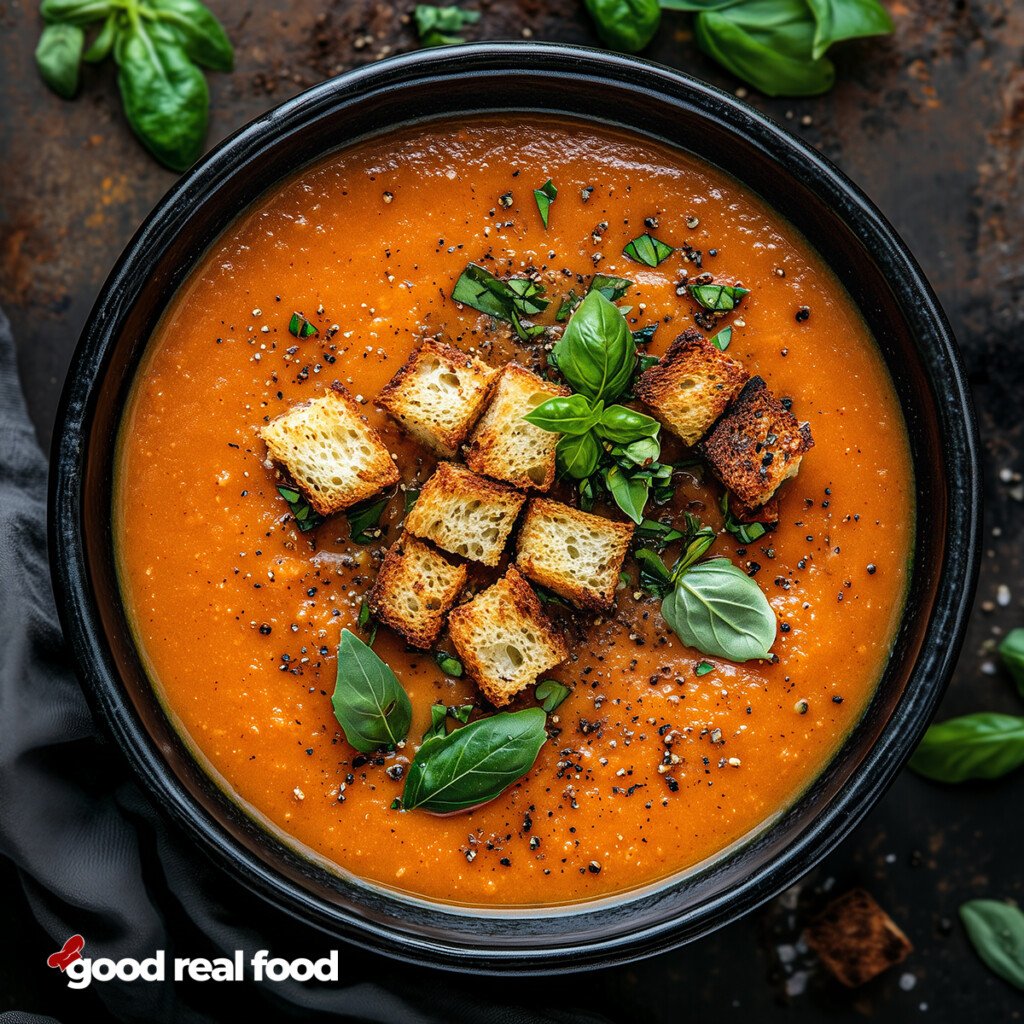 A bowl of tomato bisque topped with croutons.