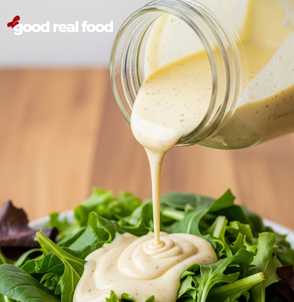 Caesar dressing being poured over a salad.