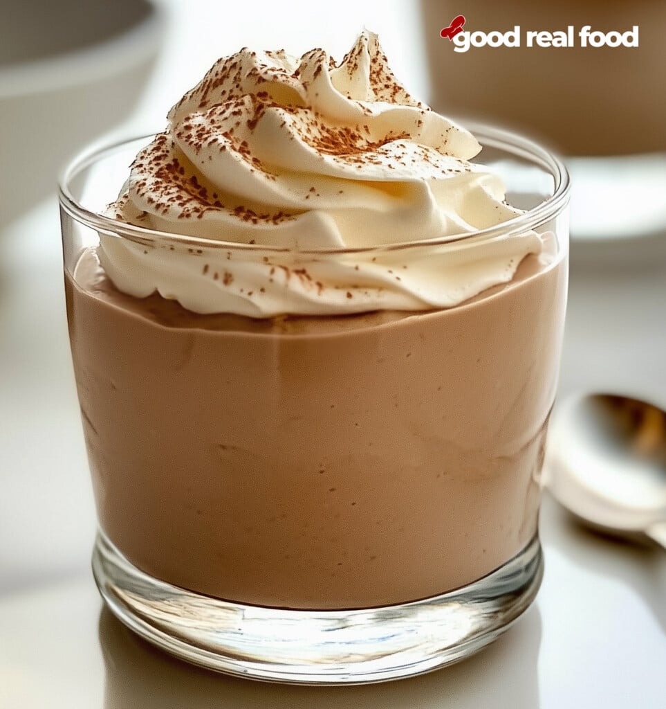 A small glass bowl filled with chocolate mouse, and topped with whipped cream.