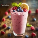 A berry banana smoothie topped with fresh berries.