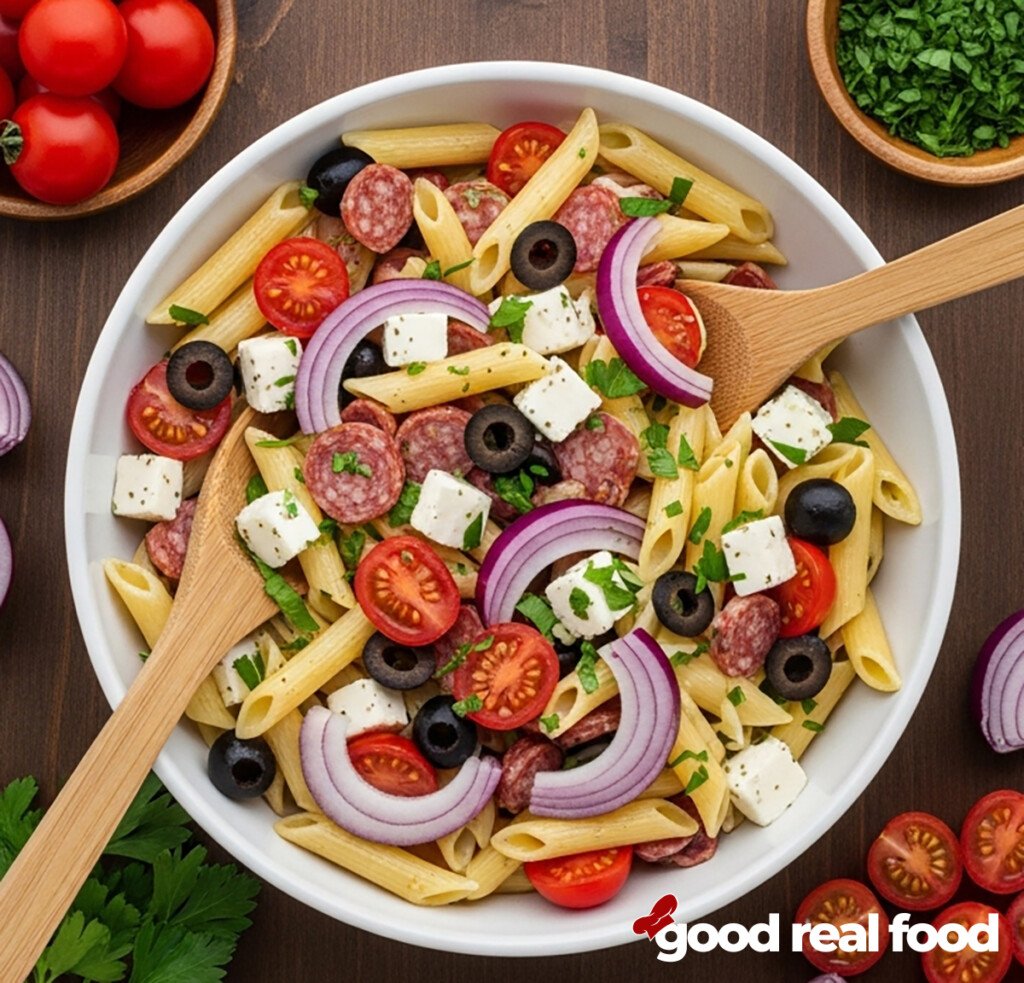 A bowl of Italian Pasta Salad, view from overhead