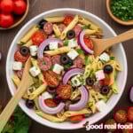 A bowl of Italian Pasta Salad, view from overhead