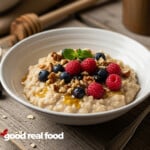 A bowl of oatmeal topped with fresh fruit and nuts.