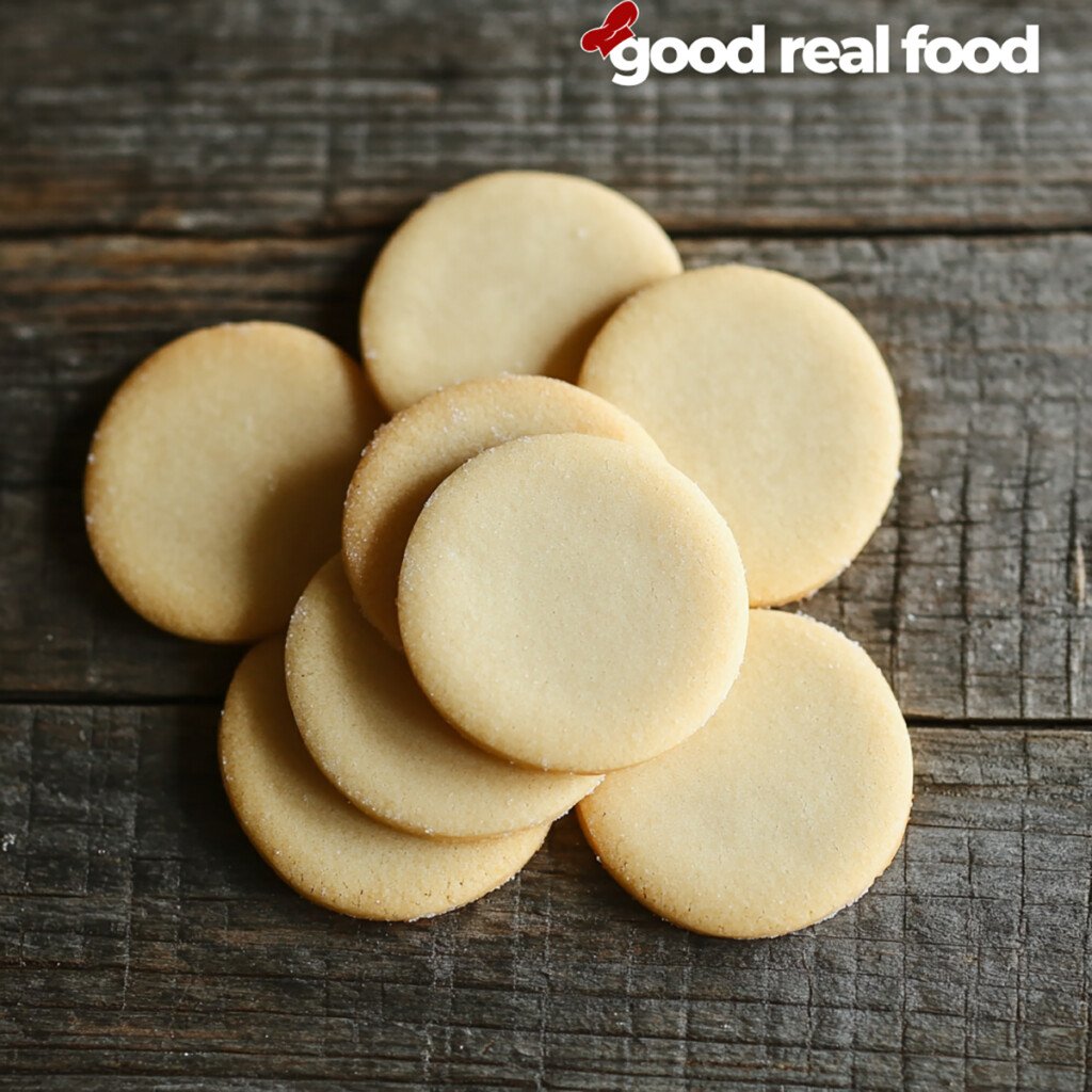 Plain sugar cookies on a wood surface.