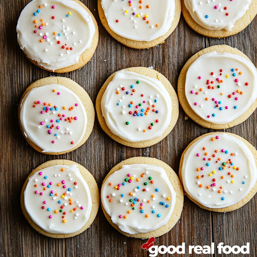 Decorated sugar cookies on a wood surface.