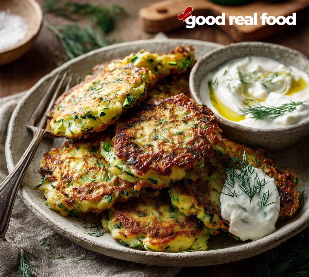 A ceramic plate filled with zucchini fritters and dip.