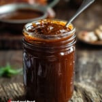 A mason jar filled with homemade barbecue sauce.