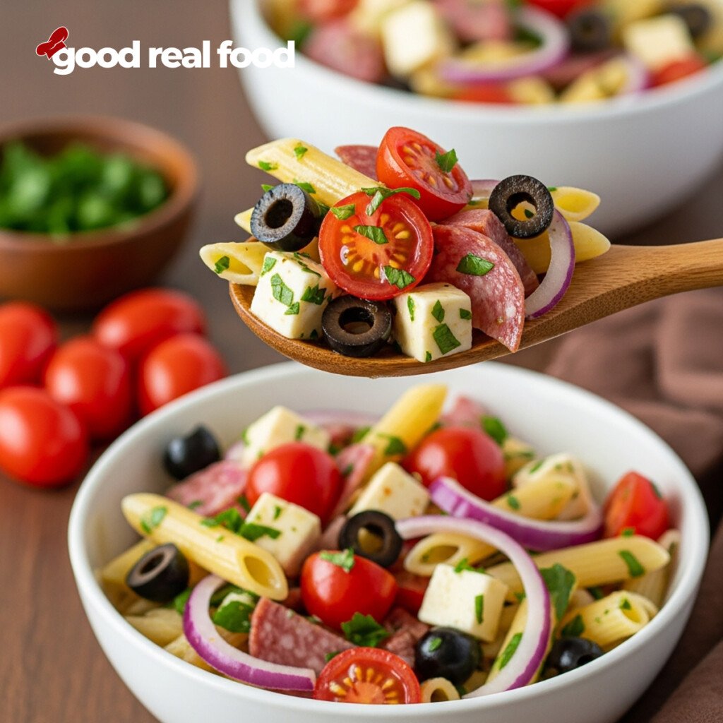 A scoop of Italian Pasta Salad.