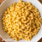 A bowl of macaroni and cheese from overhead.