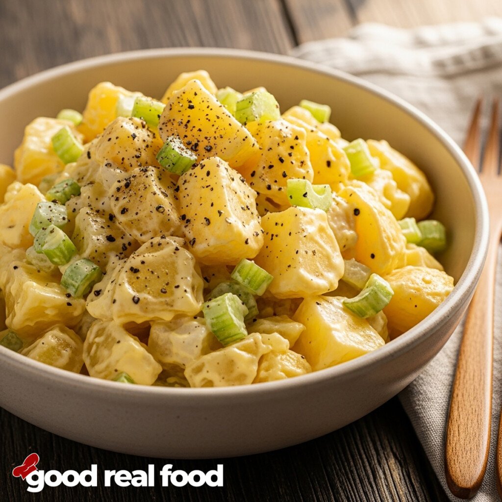 A bowl of classic creamy potato salad.