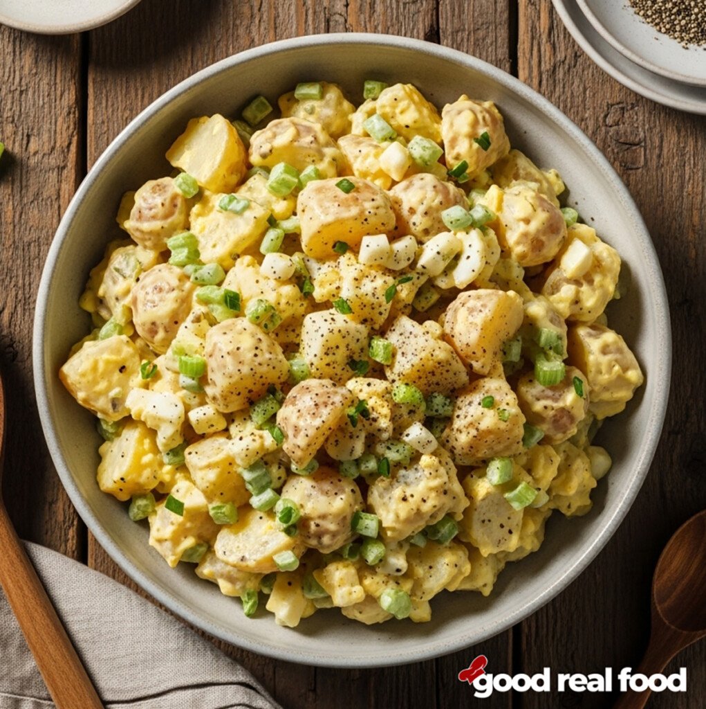 A bowl of classic creamy potato salad.