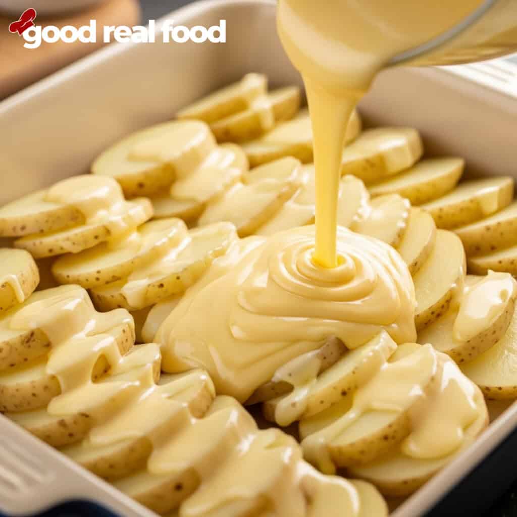 A baking dish filled with potatoes is coated in a cheese sauce.