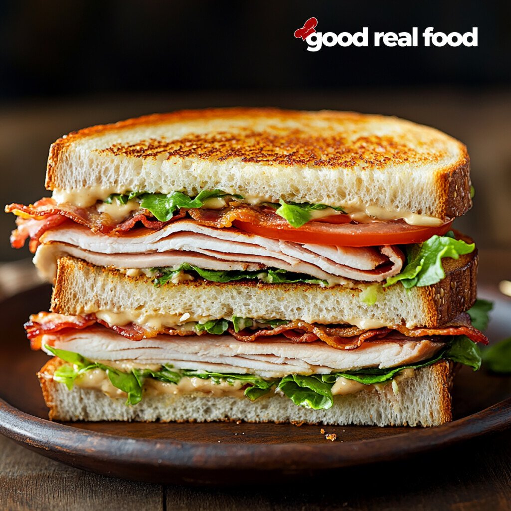 A turkey club on a wooden plate.