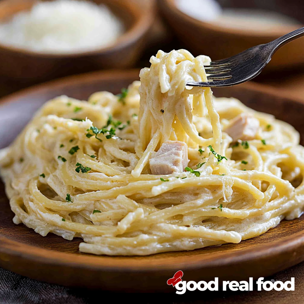 a plate of creamy turkey tetrazzini.