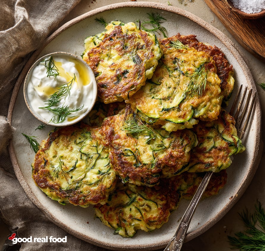 A ceramic plate filled with zucchini fritters and dip.