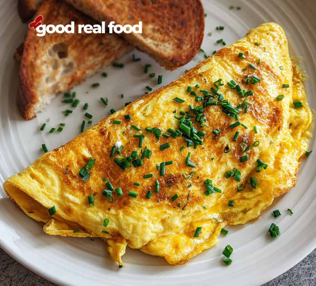 An egg and cheese omelette on a plate with toast.